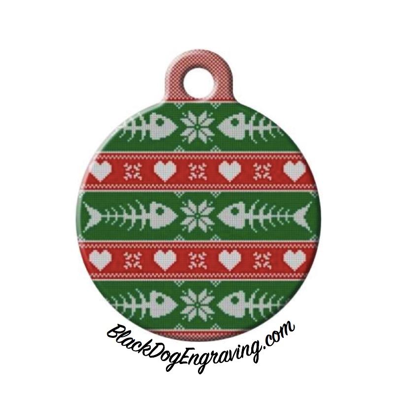 Cat Fish Bone Ugly Christmas Sweater Engraved Pet ID Tag – Black