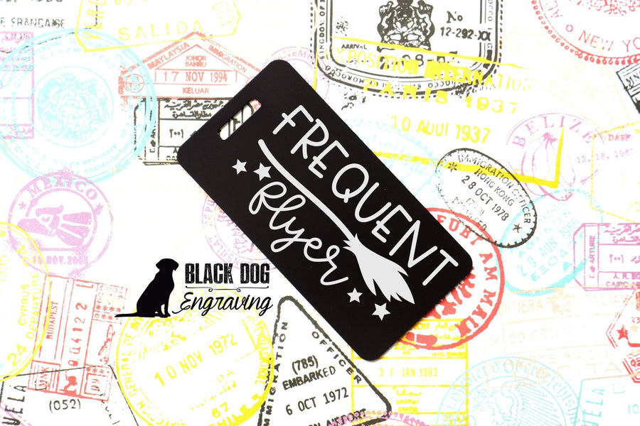 Frequent Flyer Halloween Funny Witch Personalized Metal Luggage Tag - Black Dog Engraving