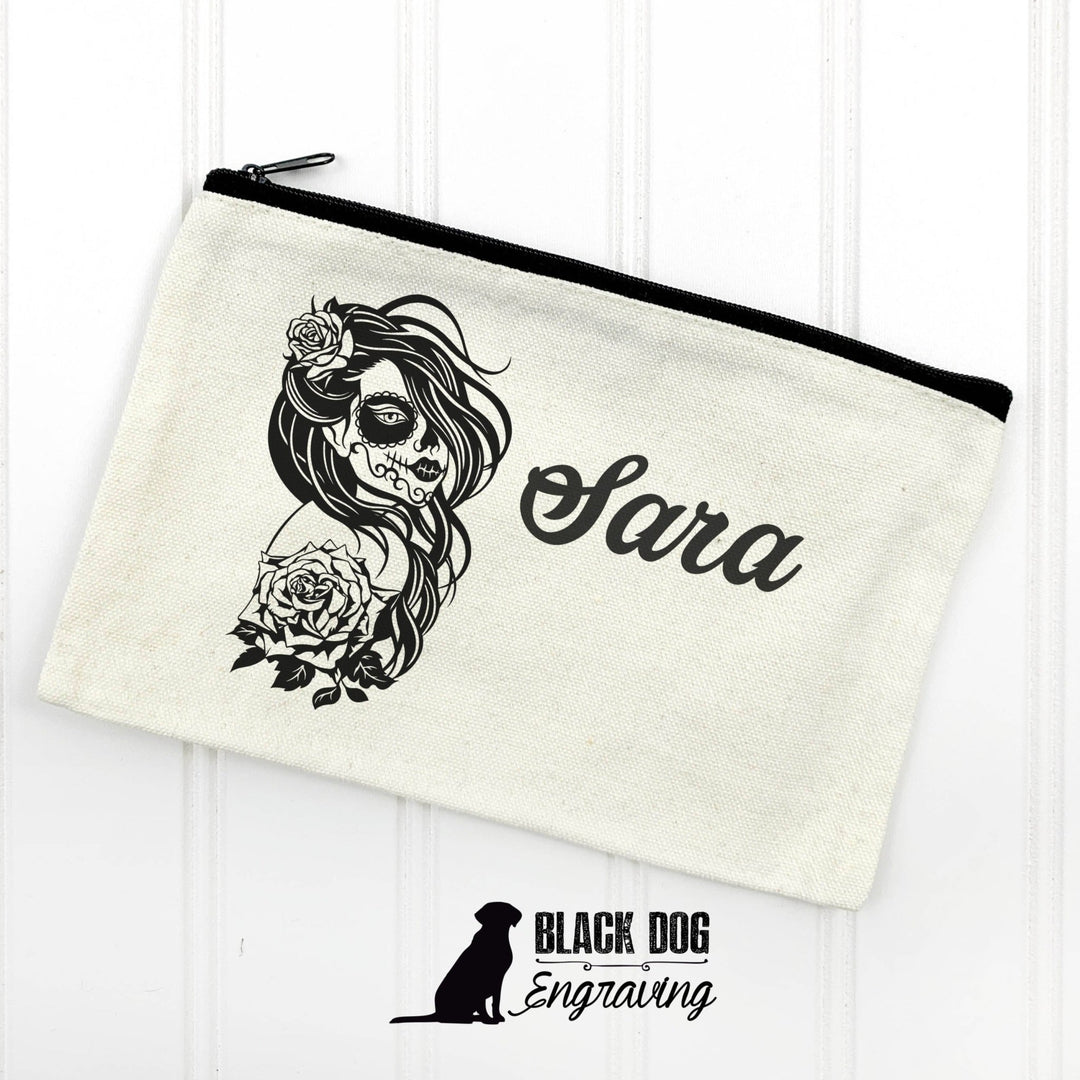 Sugar Skull Girl Canvas Zip Bag - Black Dog Engraving