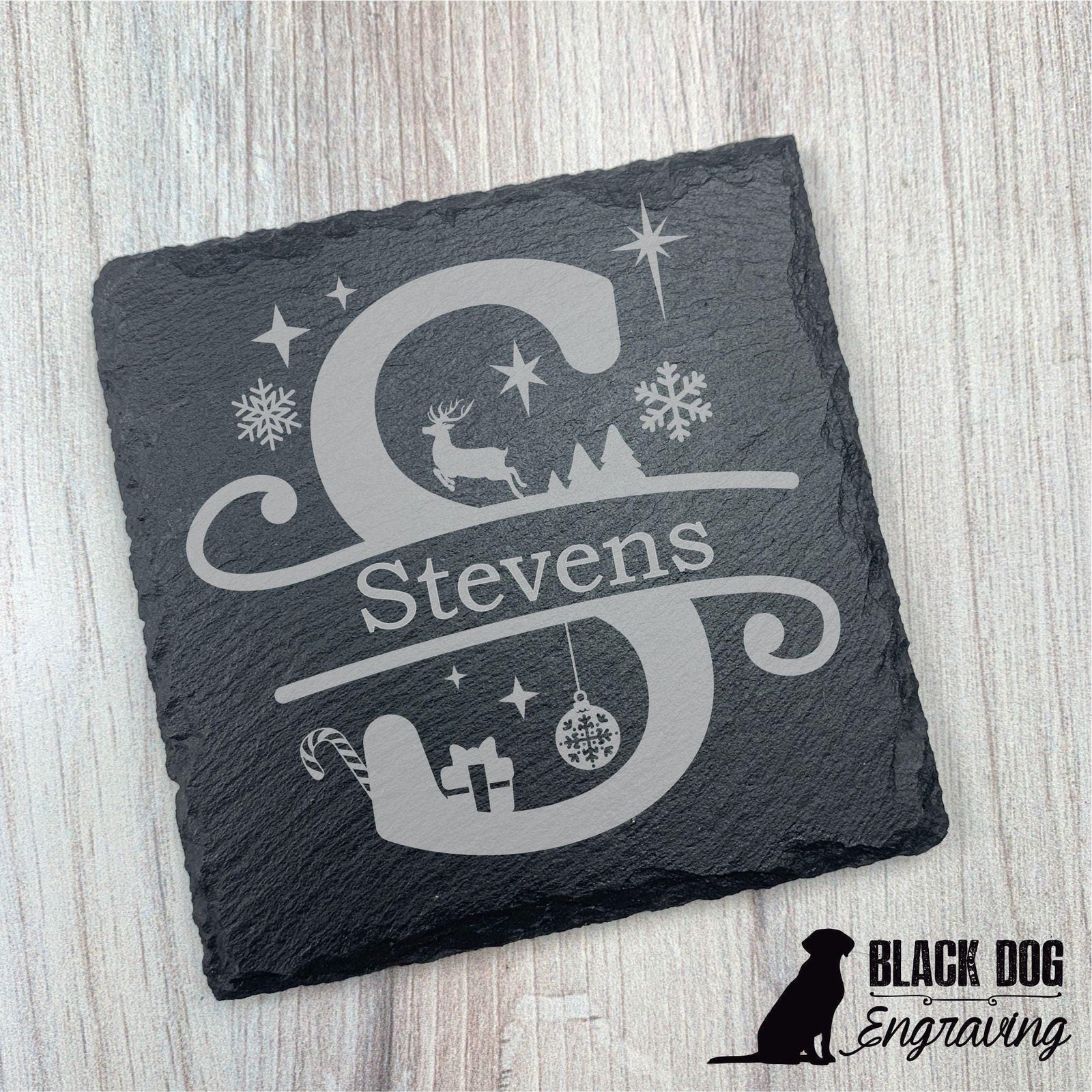 Christmas Themed Name Personalized Slate Stone Coasters - SET of FOUR - Black Dog Engraving