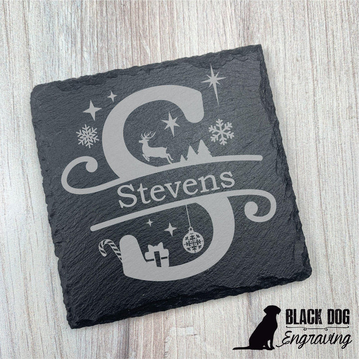 Christmas Themed Name Personalized Slate Stone Coasters - SET of FOUR - Black Dog Engraving