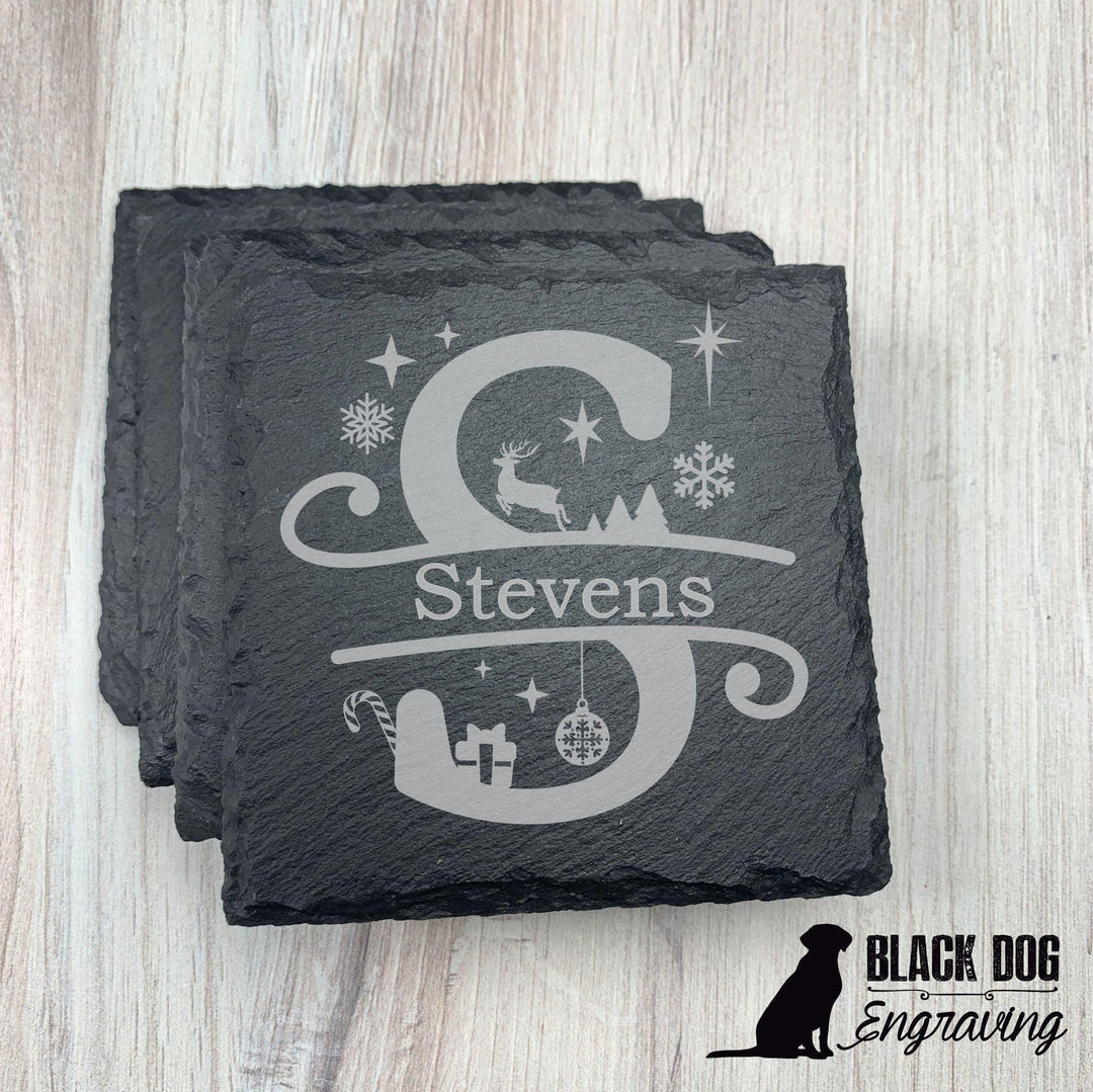 Christmas Themed Name Personalized Slate Stone Coasters - SET of FOUR - Black Dog Engraving