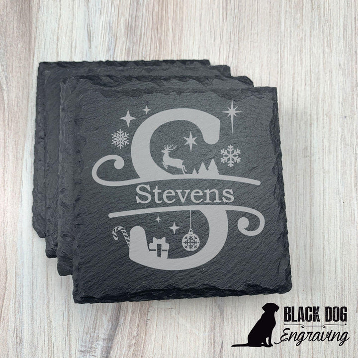 Christmas Themed Name Personalized Slate Stone Coasters - SET of FOUR - Black Dog Engraving