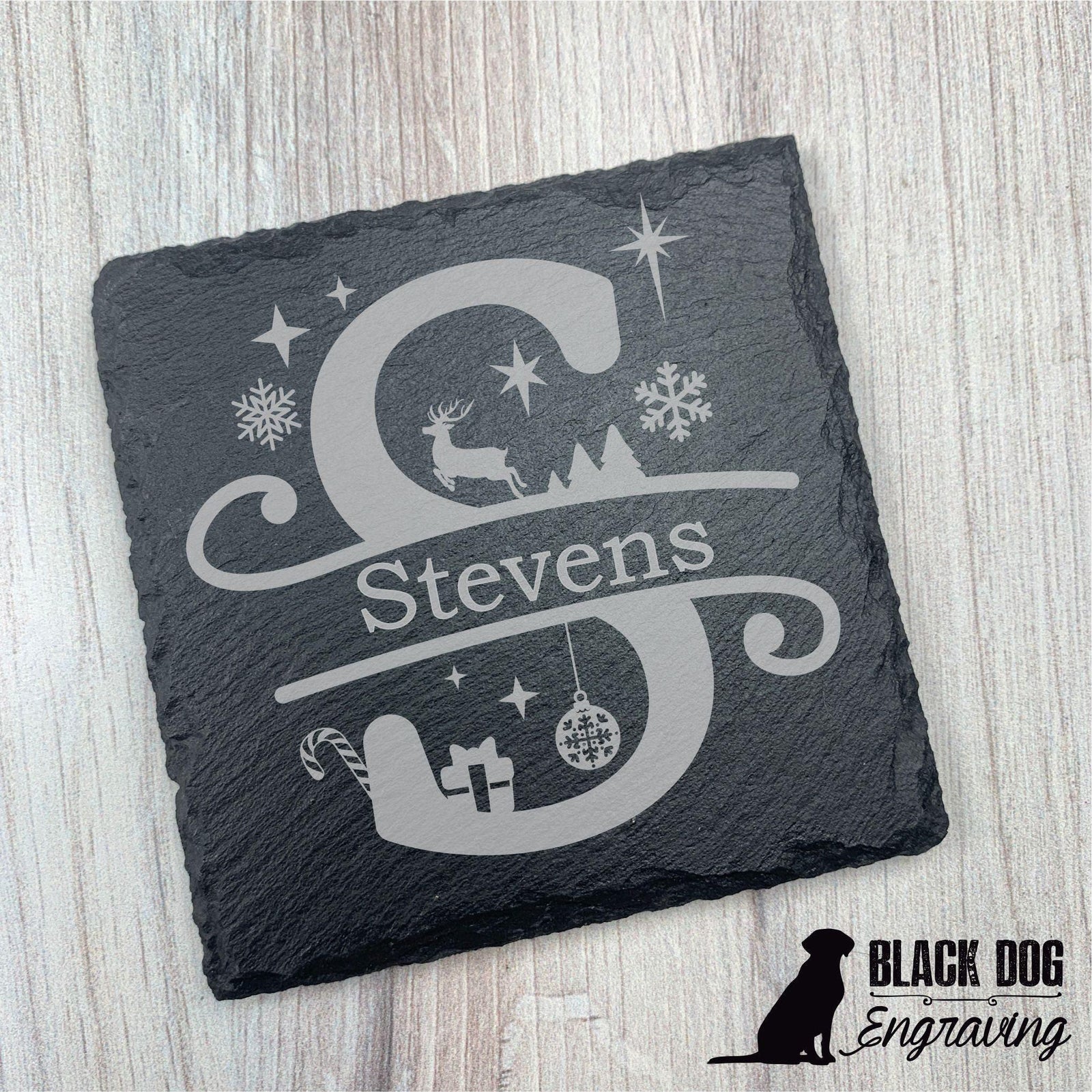 Christmas Themed Name Personalized Slate Stone Coasters - SET of TWO - Black Dog Engraving