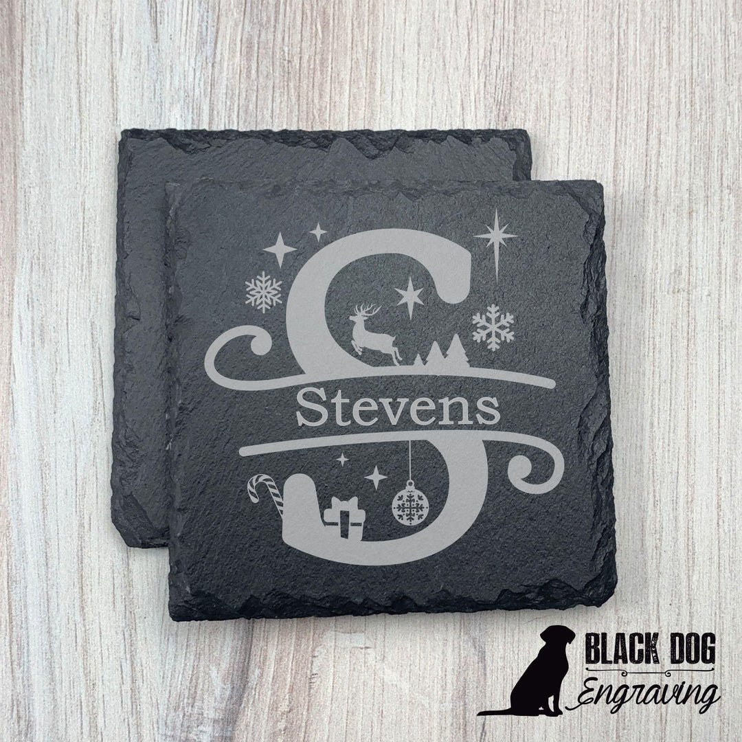 Christmas Themed Name Personalized Slate Stone Coasters - SET of TWO - Black Dog Engraving