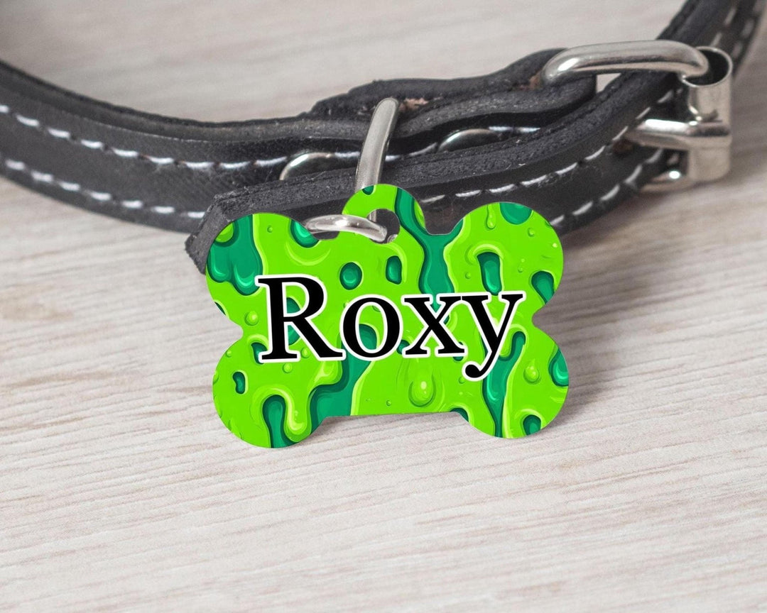 Dog Bone Tag: Green Slime Design - Custom Pet Collar ID - Black Dog Engraving