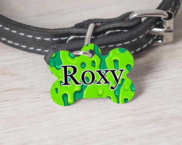 Dog Bone Tag: Green Slime Design - Custom Pet Collar ID - Black Dog Engraving