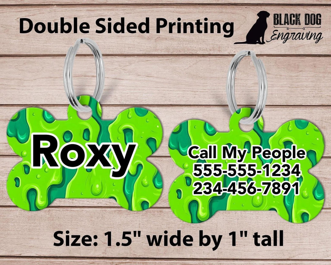 Dog Bone Tag: Green Slime Design - Custom Pet Collar ID - Black Dog Engraving