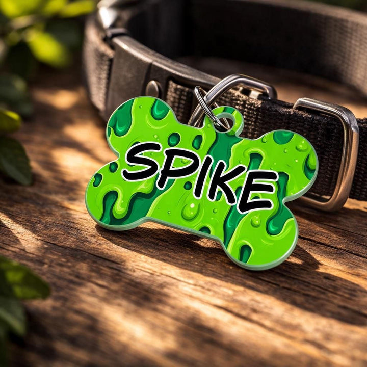 Dog Bone Tag: Green Slime Design - Custom Pet Collar ID - Black Dog Engraving