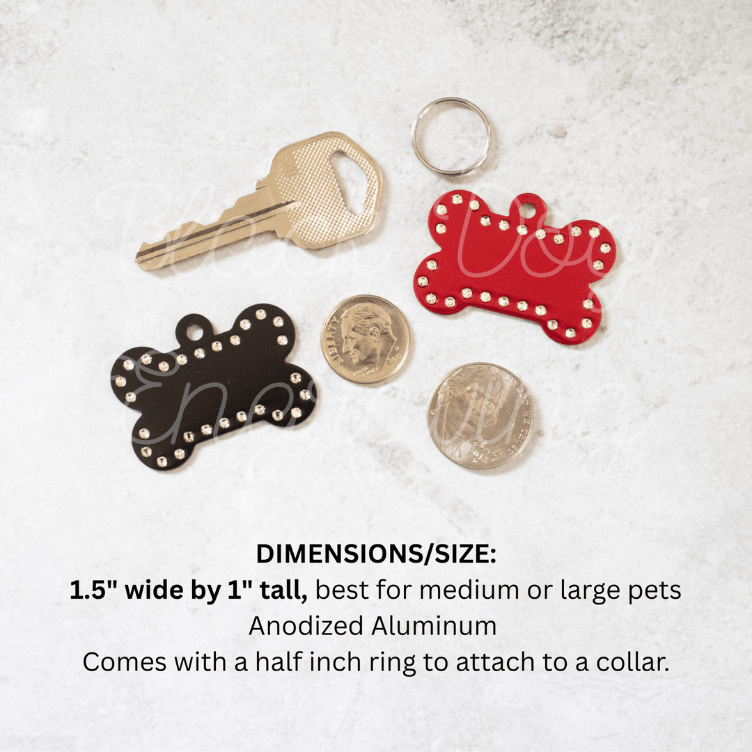 Engraved Swarovski Element Dog Bone ID Tag - Black Dog Engraving