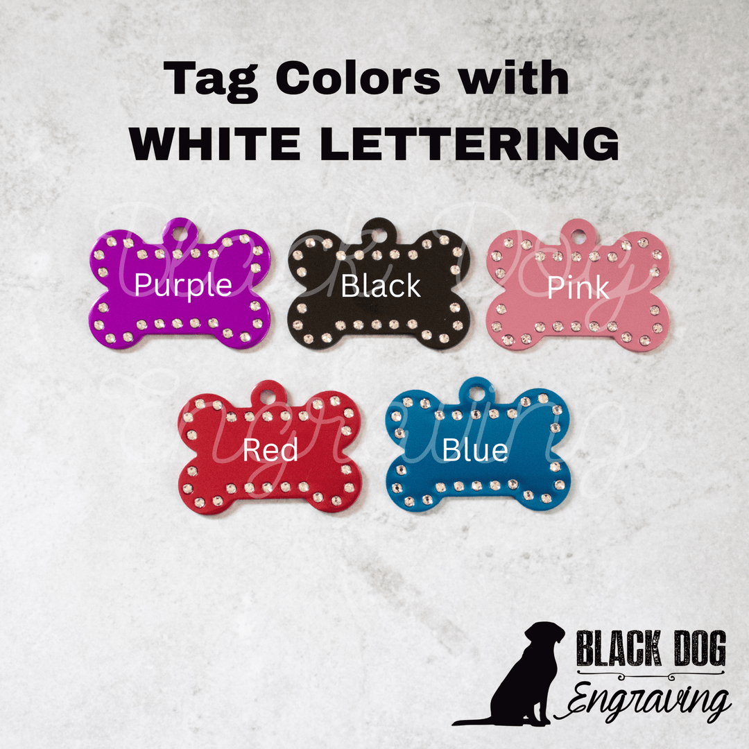 Engraved Swarovski Element Dog Bone ID Tag - Black Dog Engraving