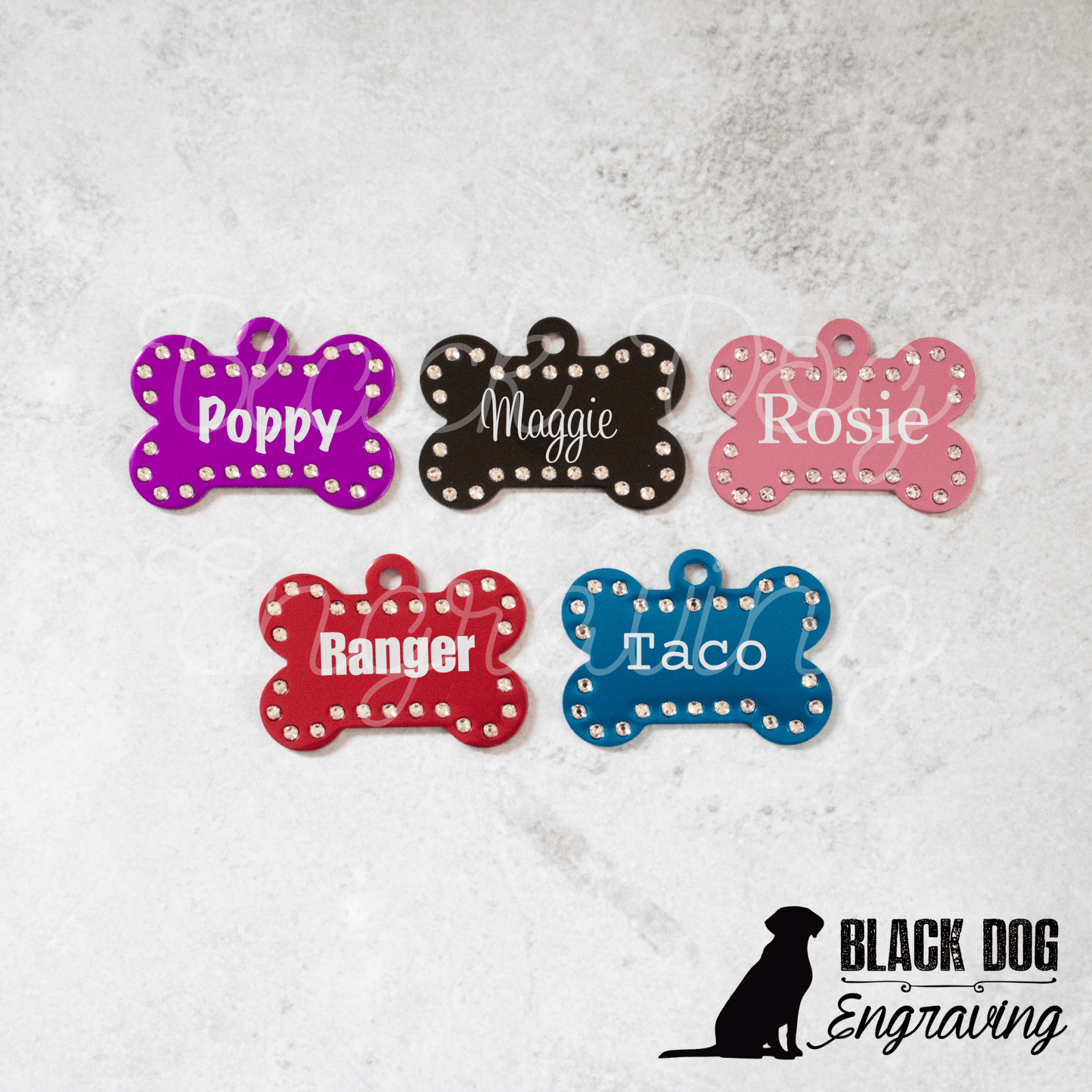 Engraved Swarovski Element Dog Bone ID Tag - Black Dog Engraving