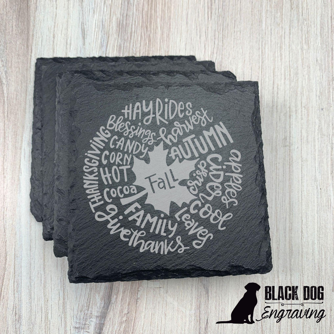 Fall Leaves Slate Stone Coasters - SET of FOUR - Black Dog Engraving