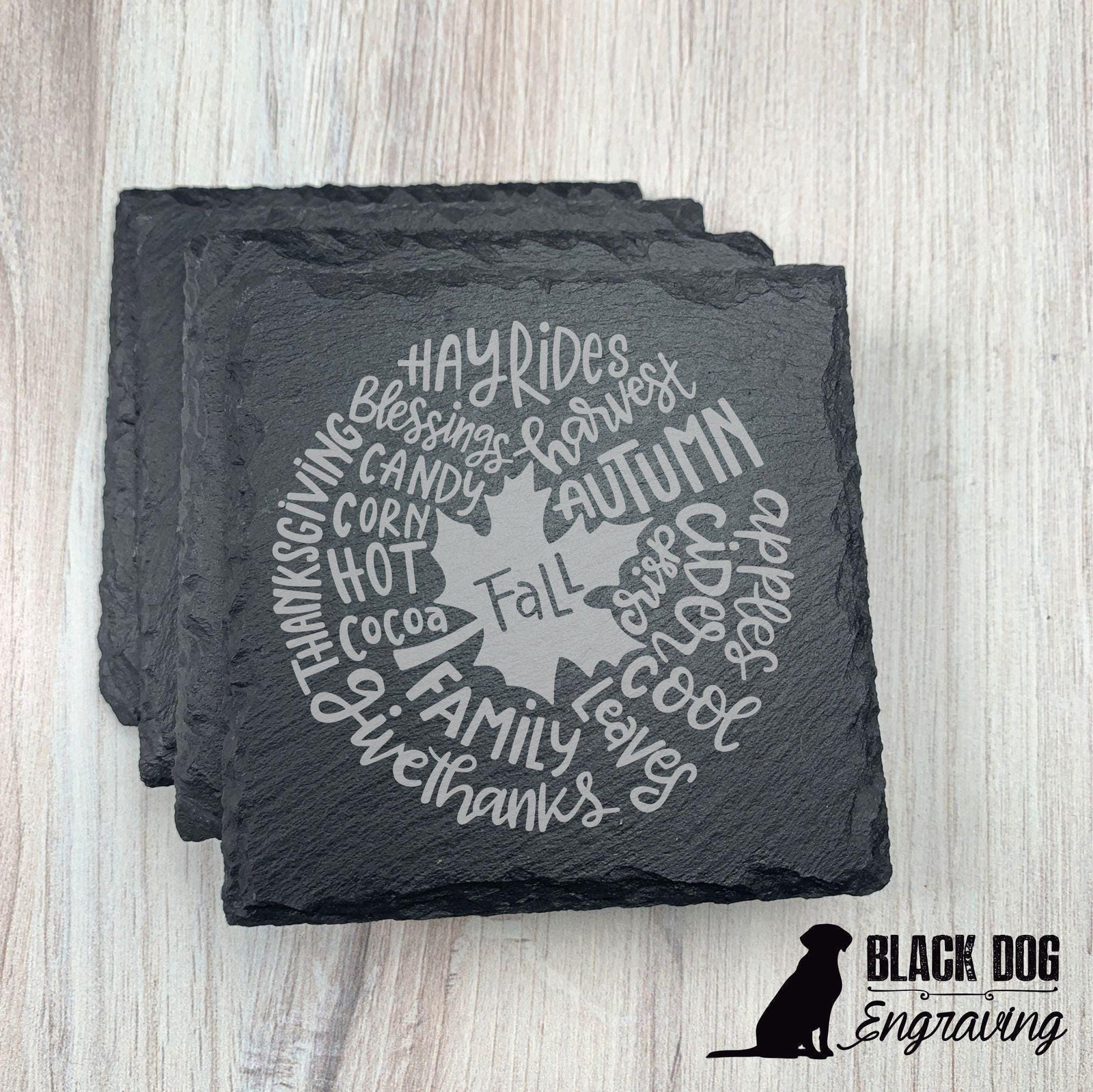 Fall Leaves Slate Stone Coasters - SET of FOUR - Black Dog Engraving