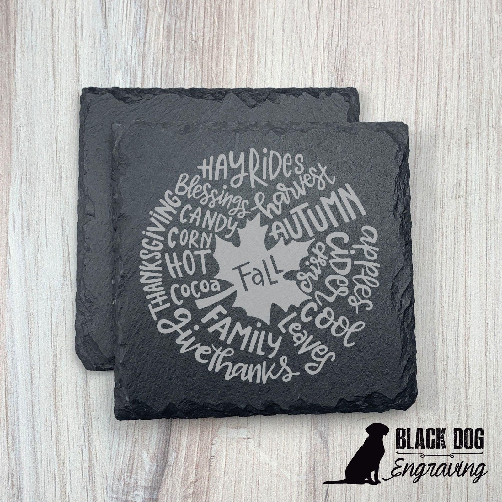 Fall Leaves Slate Stone Coasters - SET of TWO - Black Dog Engraving