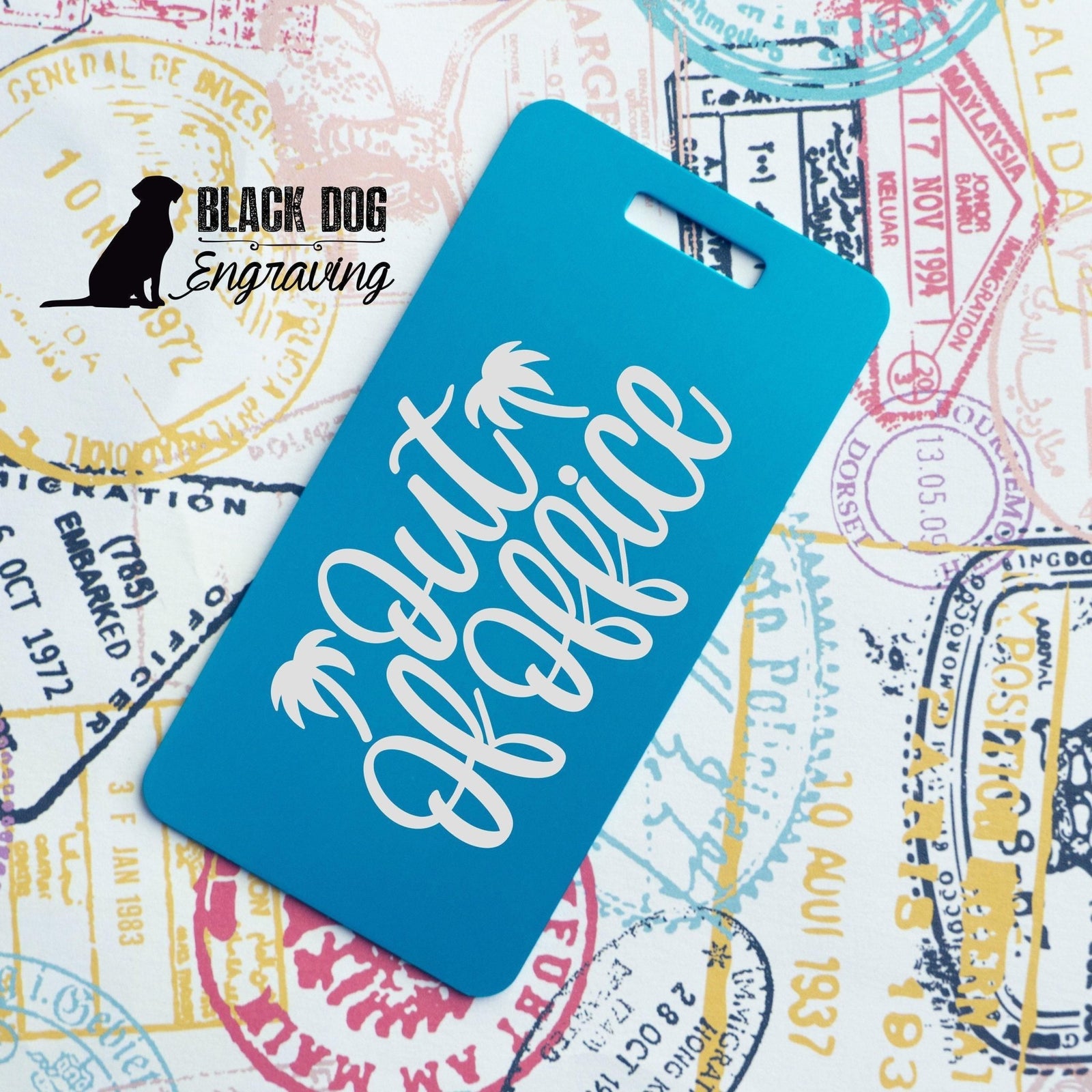 Funny Out of Office Luggage Tag - Personalized Metal Travel ID - Black Dog Engraving