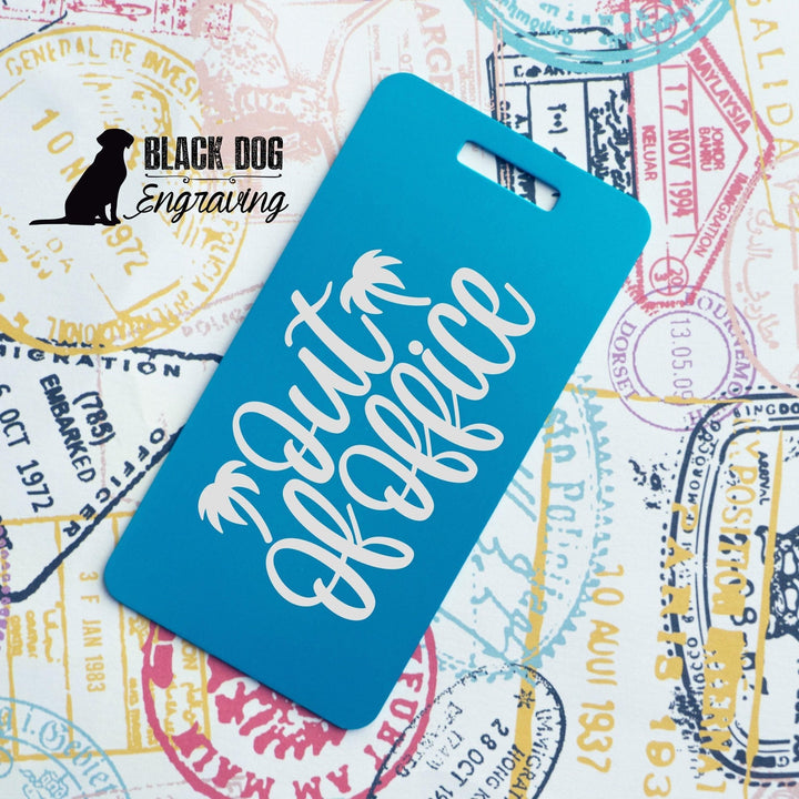 Funny Out of Office Luggage Tag - Personalized Metal Travel ID - Black Dog Engraving