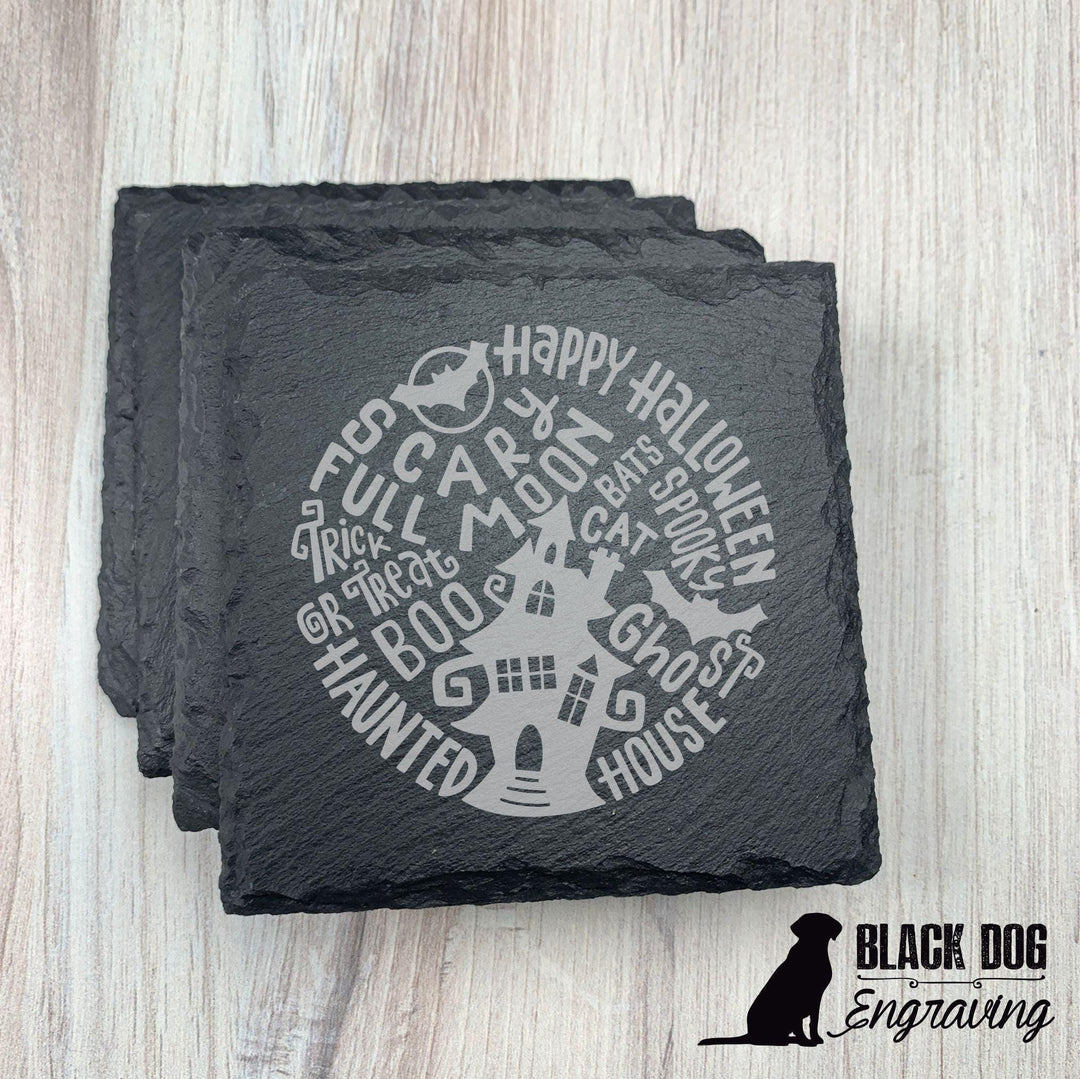 Halloween Haunted House Slate Stone Coasters - SET of FOUR - Black Dog Engraving