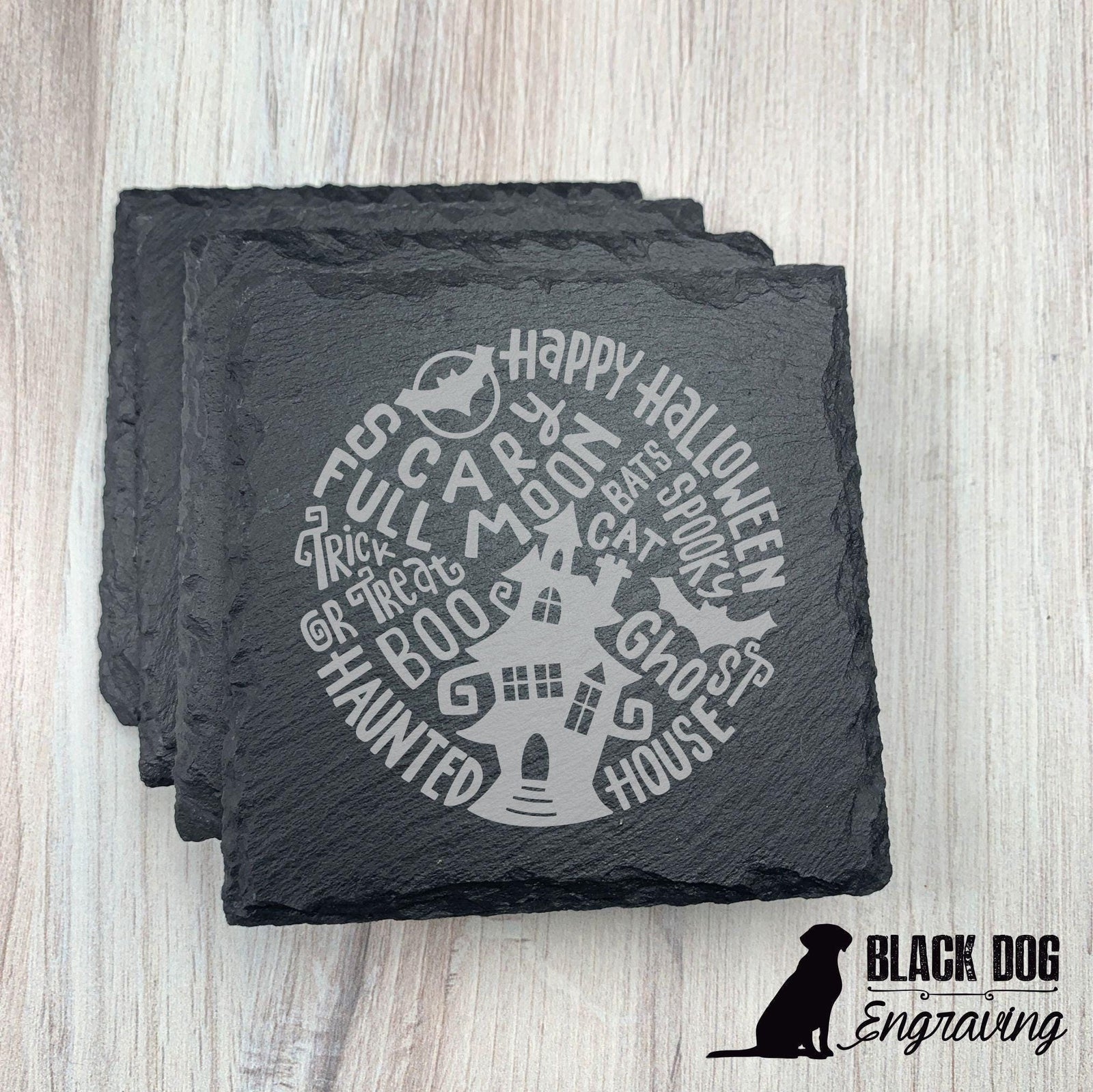 Halloween Haunted House Slate Stone Coasters - SET of FOUR - Black Dog Engraving