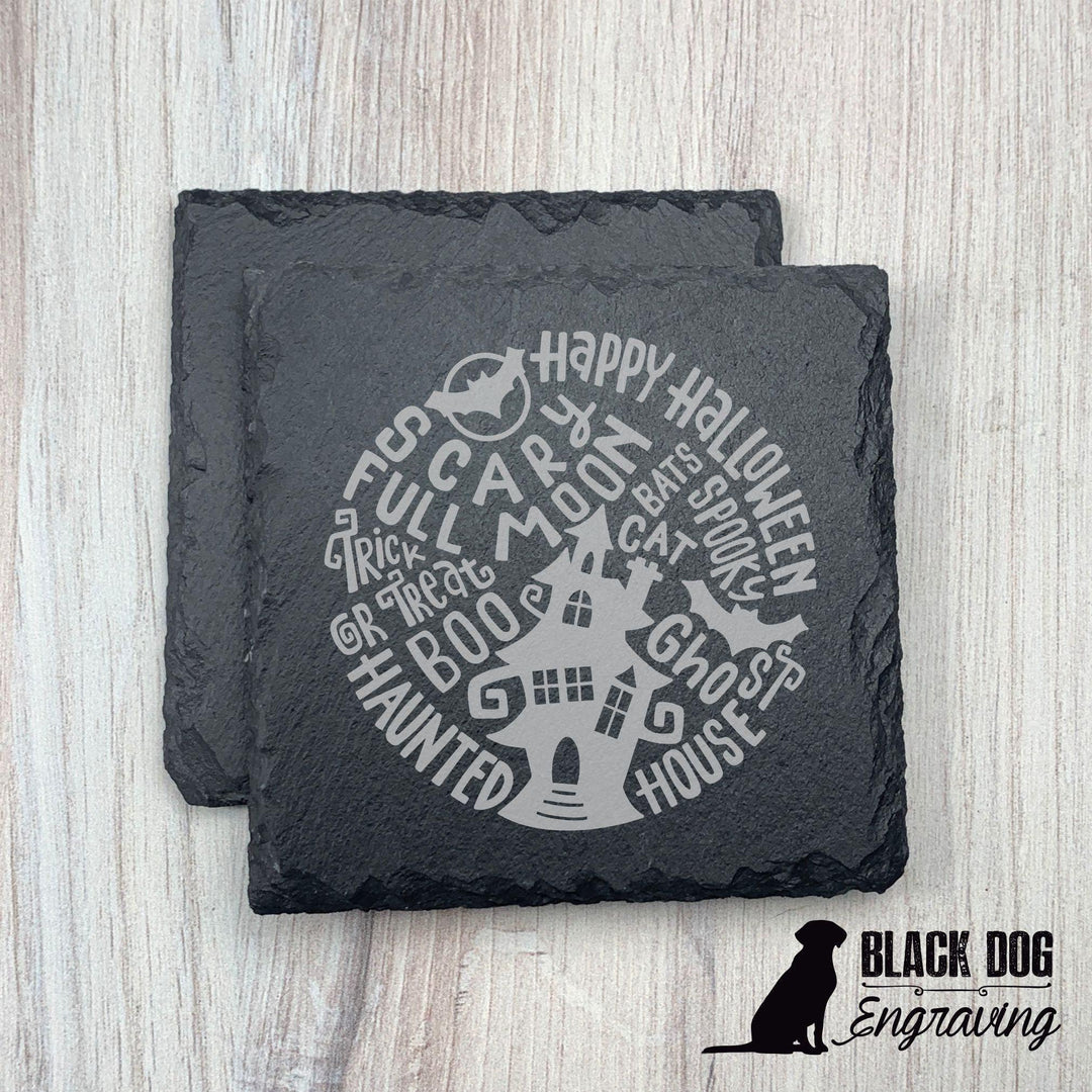 Halloween Haunted House Slate Stone Coasters - SET of TWO - Black Dog Engraving