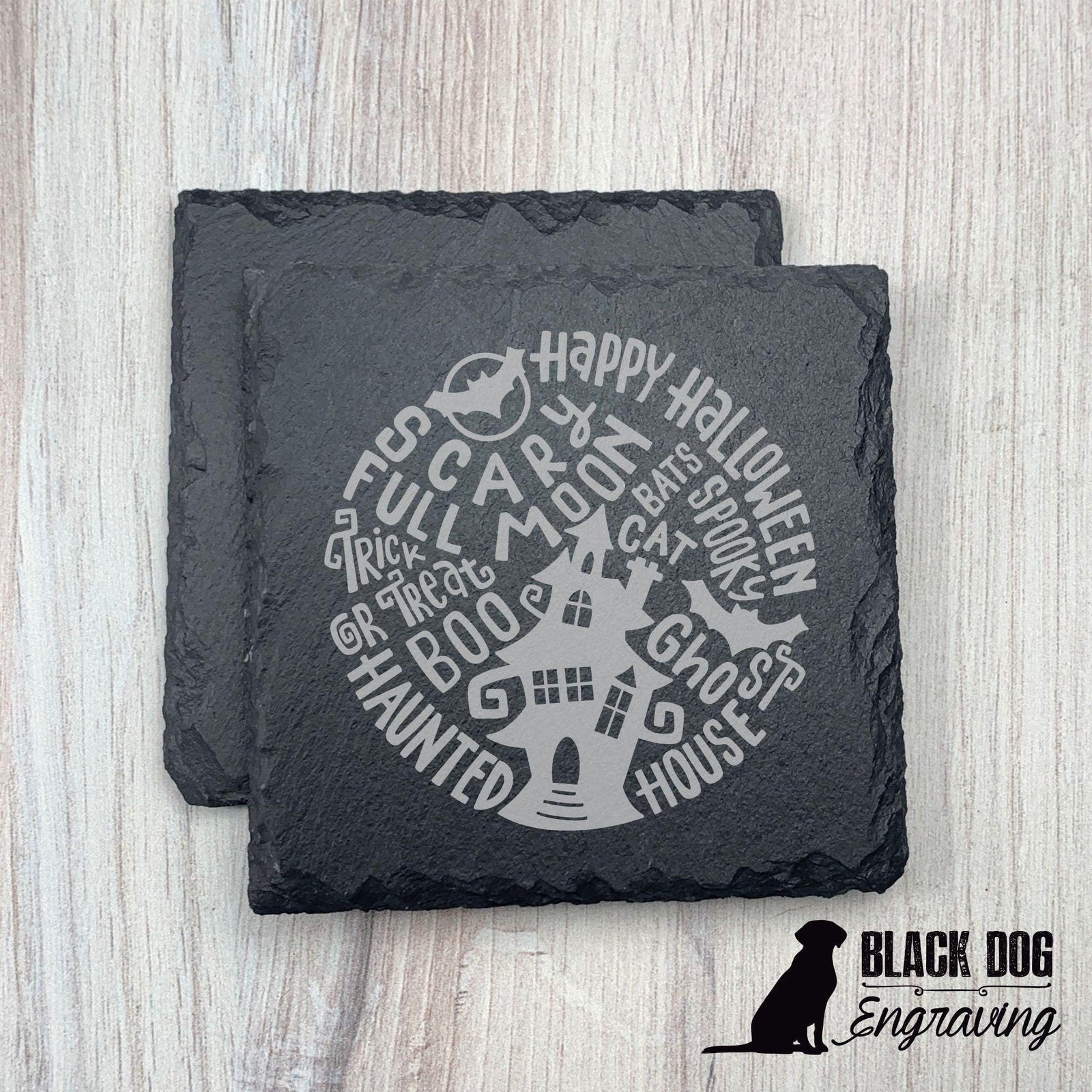 Halloween Haunted House Slate Stone Coasters - SET of TWO - Black Dog Engraving