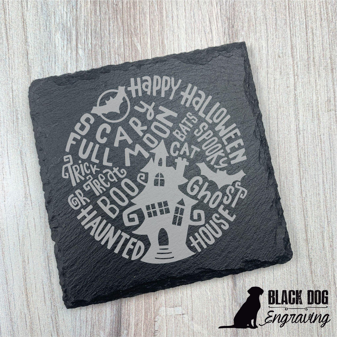 Halloween Haunted House Slate Stone Coasters - SET of TWO - Black Dog Engraving