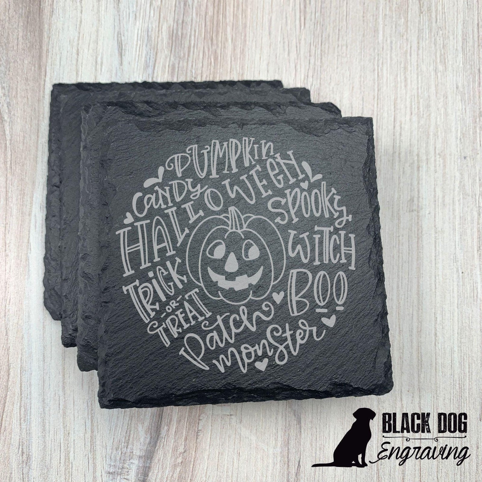 Halloween Pumpkin Slate Stone Coasters - SET of FOUR - Black Dog Engraving