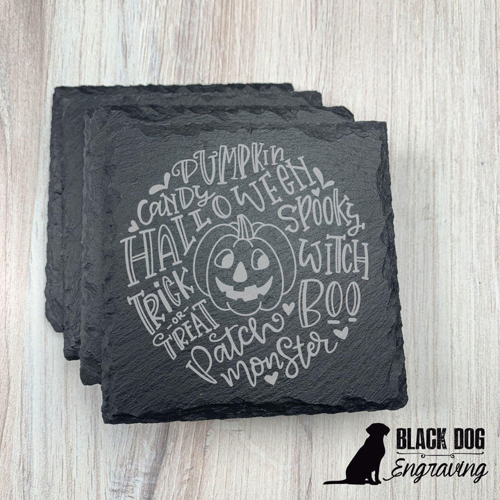 Halloween Pumpkin Slate Stone Coasters - SET of FOUR - Black Dog Engraving