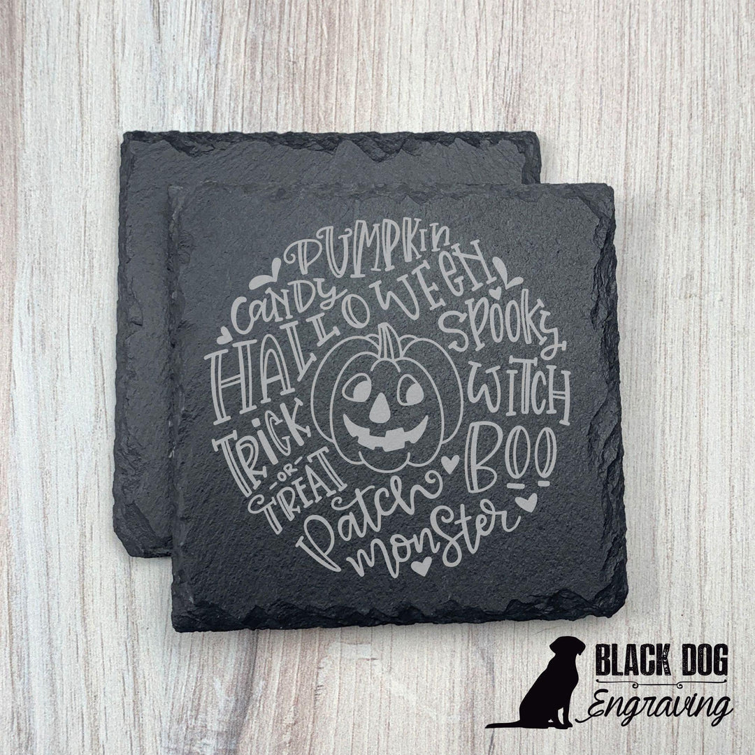 Halloween Pumpkin Slate Stone Coasters - SET of TWO - Black Dog Engraving