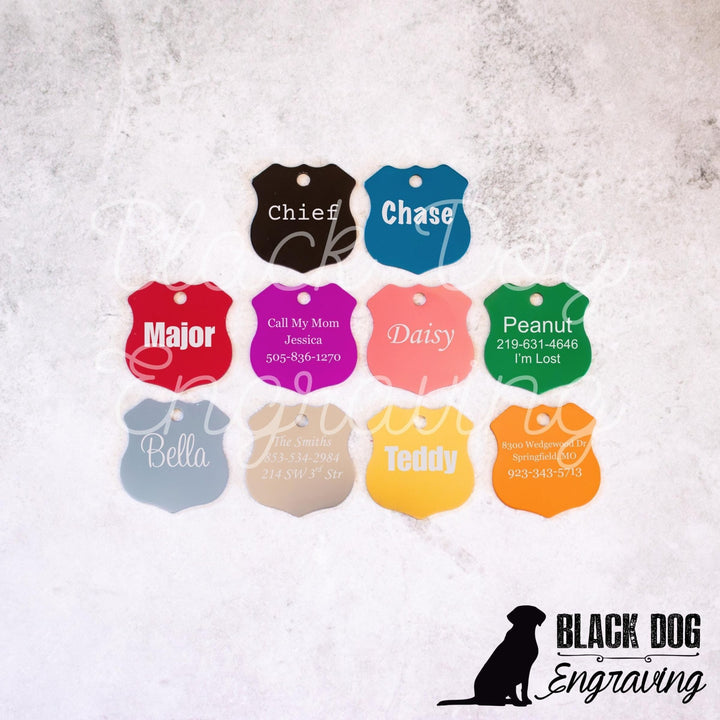 Laser Engraved Medium Shield Dog Pet ID Tag - Black Dog Engraving