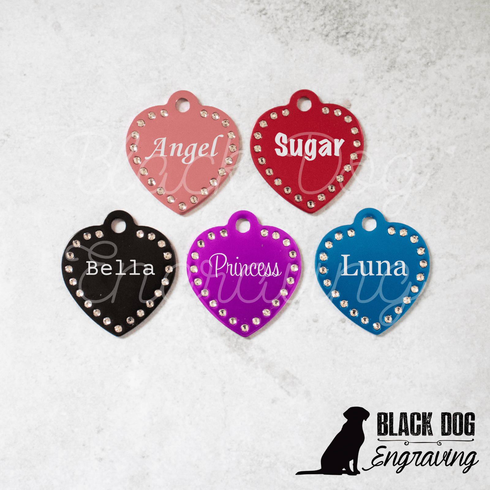 Laser Engraved Swarovski Element Heart Pet ID Tag - Black Dog Engraving