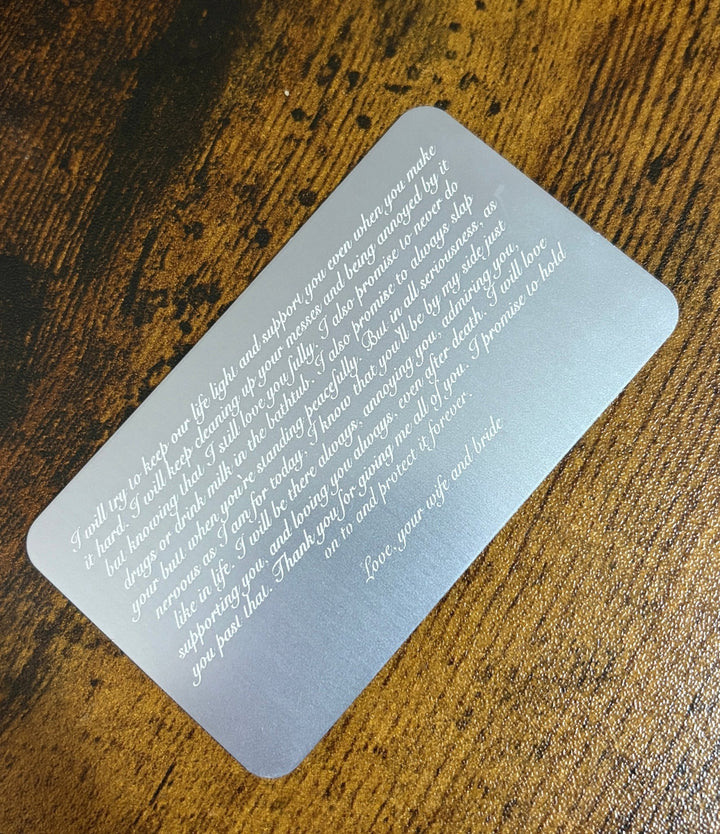Personalized Wedding Vows Aluminum Wallet Card - Black Dog Engraving