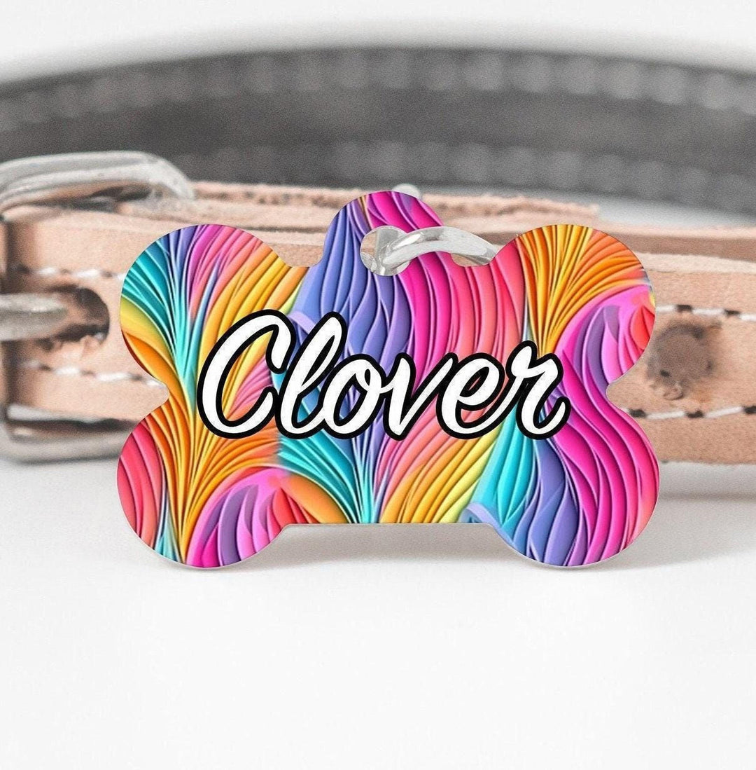 Vibrant Color Paper Quill Personalized Metal Dog Bone Tag - Black Dog Engraving