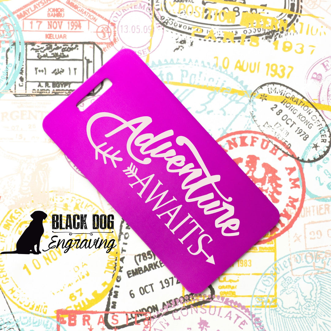 Adventure Awaits Personalized Aluminum Luggage Tag - Black Dog Engraving