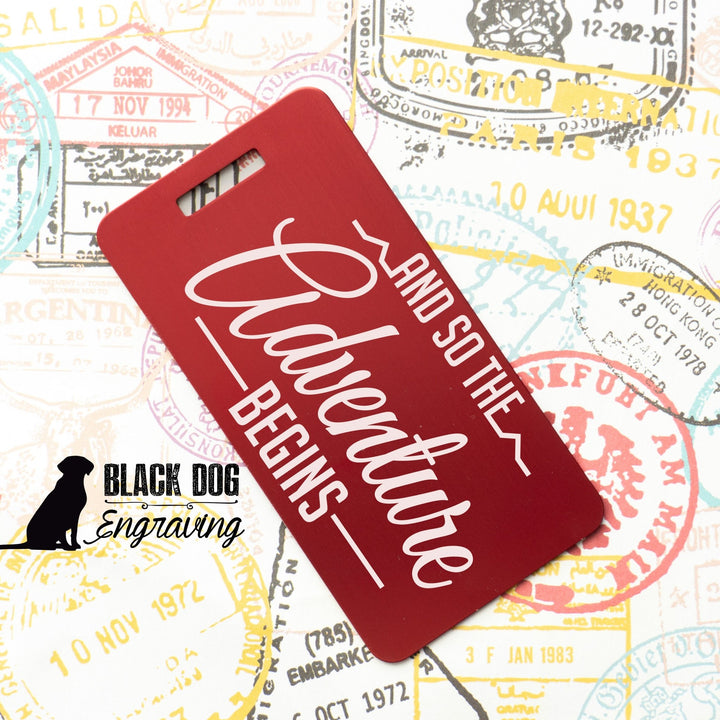 Adventure Vacation Personalized Aluminum Luggage Tag - Black Dog Engraving