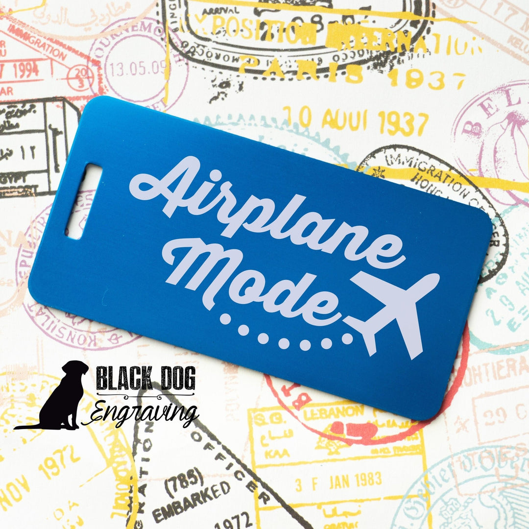 Airplane Mode Personalized Metal Luggage Tag - Black Dog Engraving