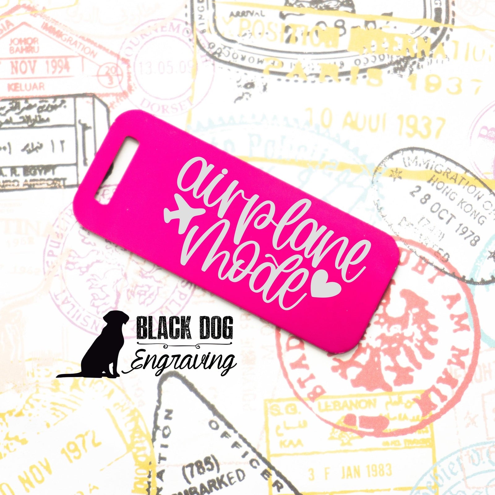 Airplane Mode Small Personalized Luggage Tag - Black Dog Engraving