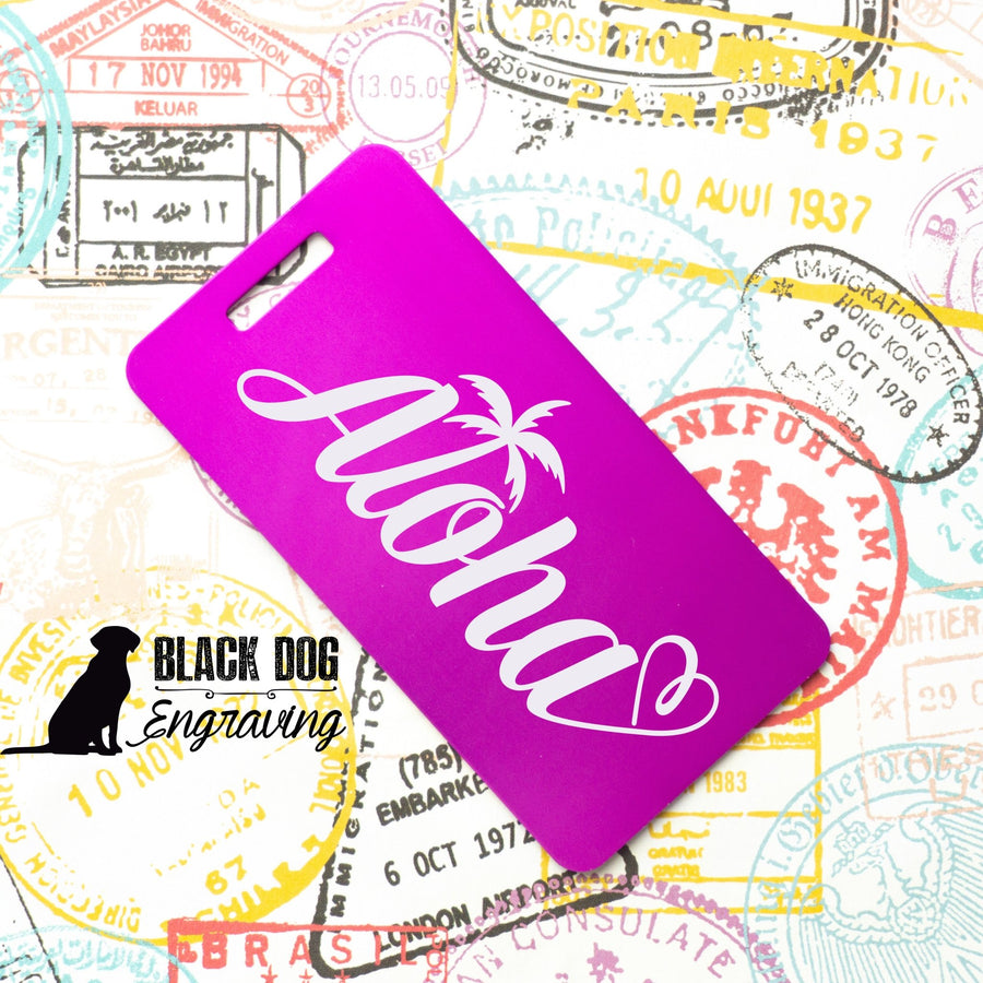 Aloha Vacation Personalized Aluminum Luggage Tag - Black Dog Engraving