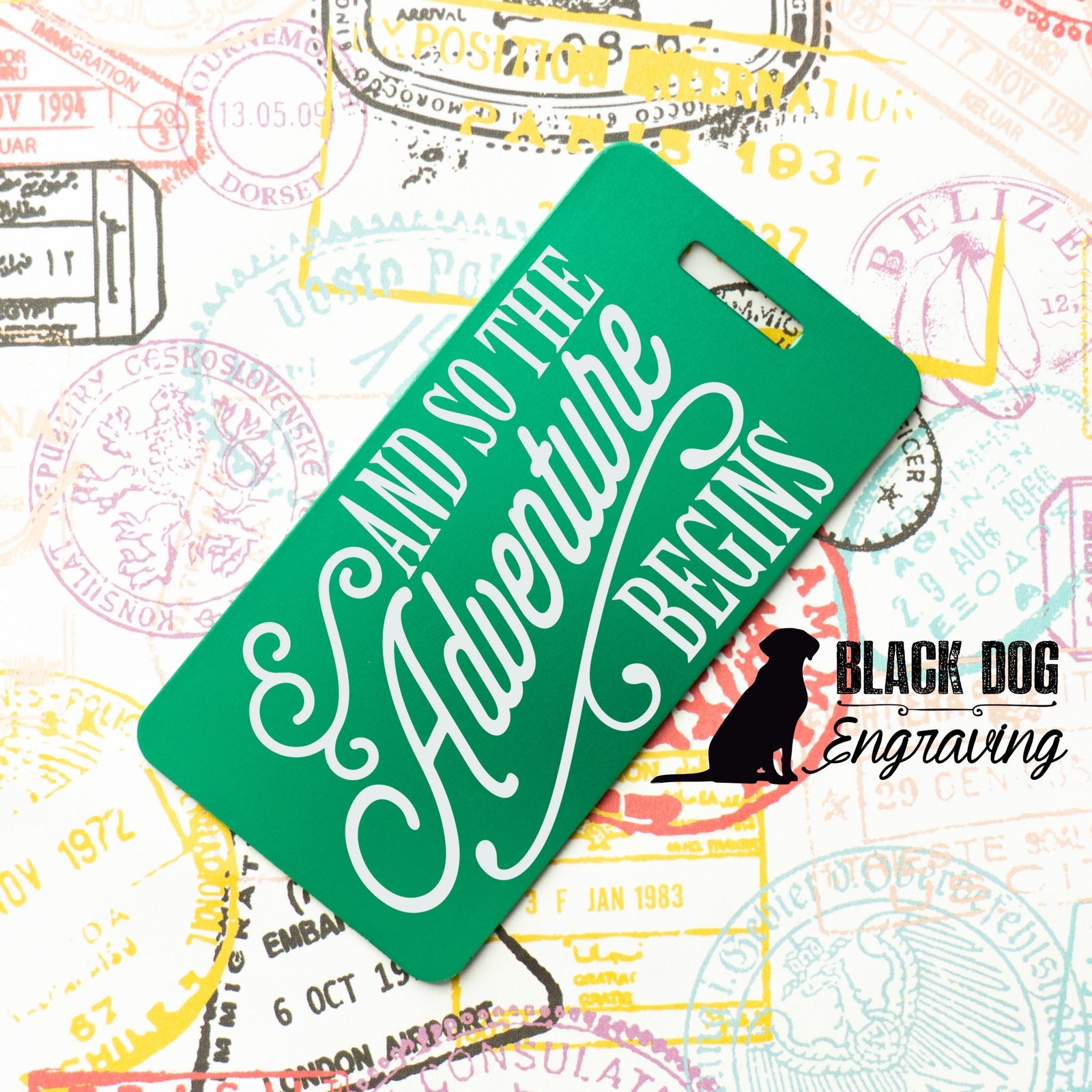 And So The Adventure Begins Personalized Aluminum Luggage Tag - Black Dog Engraving