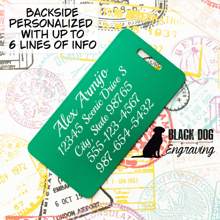 And So The Adventure Begins Personalized Aluminum Luggage Tag - Black Dog Engraving