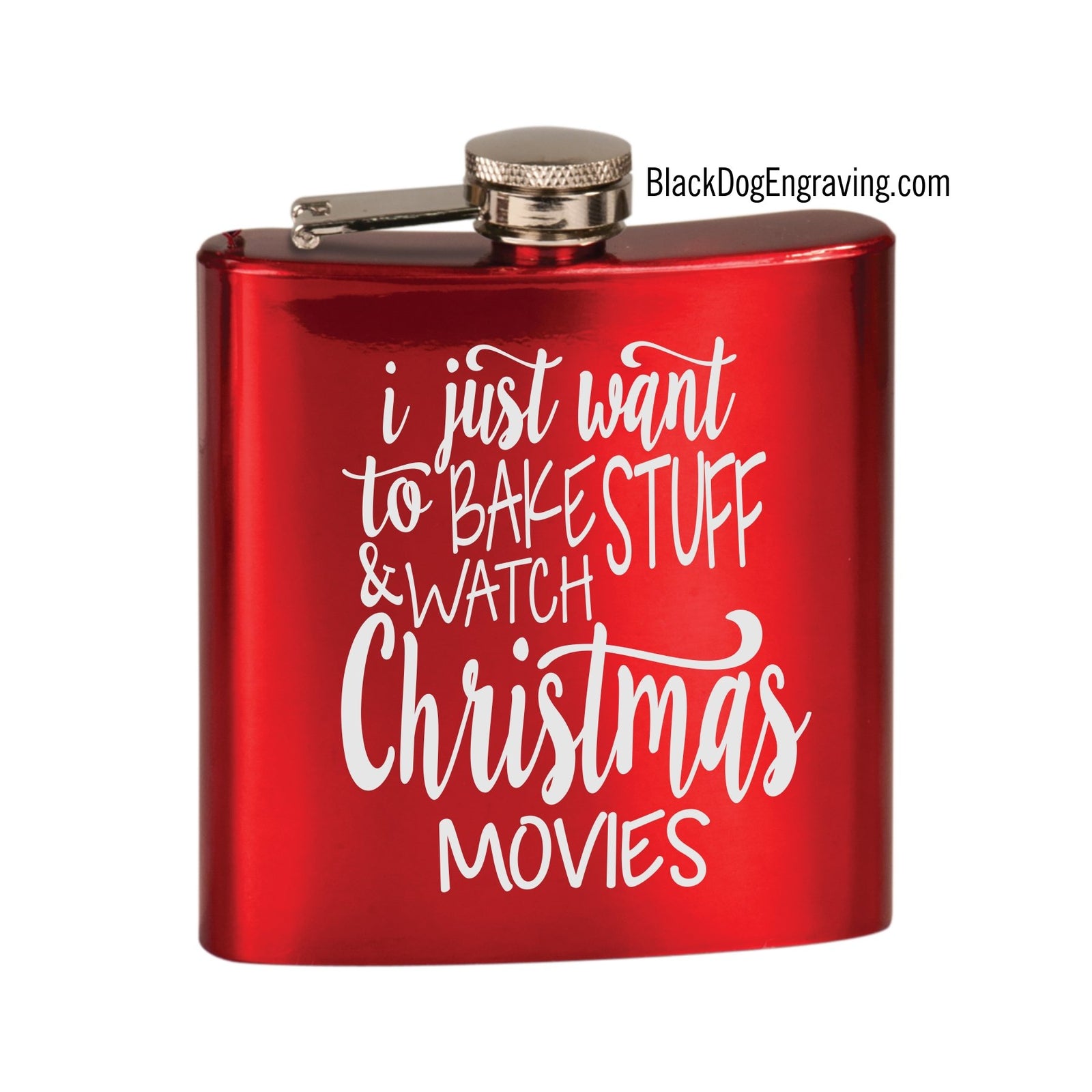 Bake and Christmas Movies Holiday Engraved Flask - Black Dog Engraving