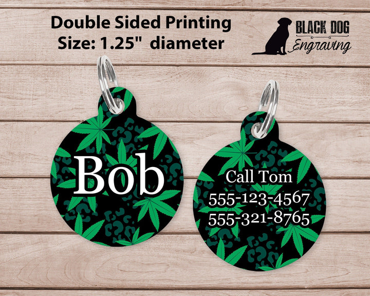 Black Marijuana Large Round Personalized Tag - Custom Ink Infused Tag - Black Dog Engraving