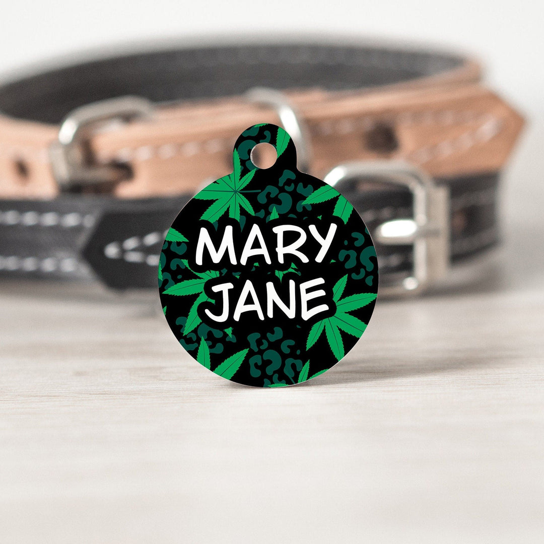 Black Marijuana Large Round Personalized Tag - Custom Ink Infused Tag - Black Dog Engraving