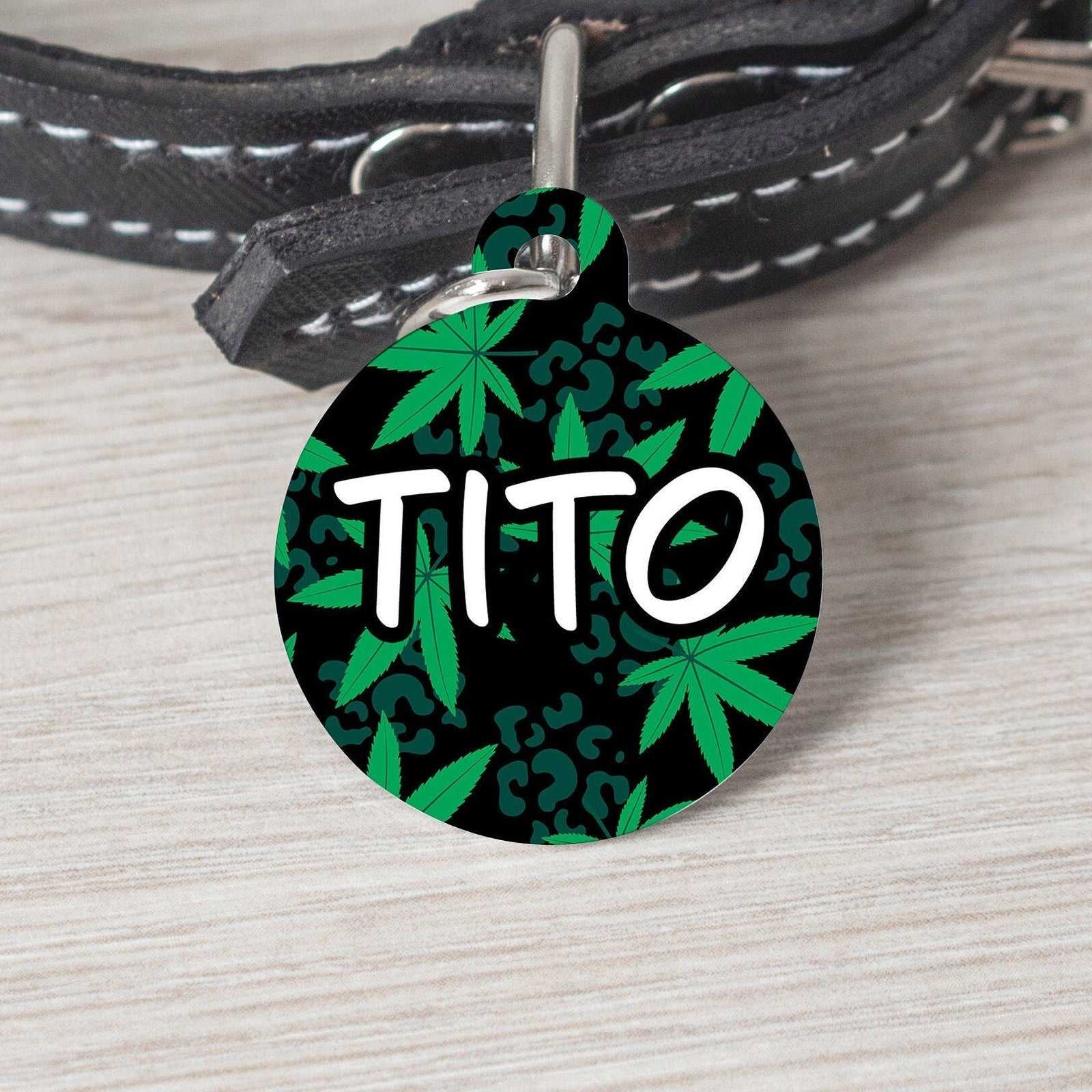 Black Marijuana Large Round Personalized Tag - Custom Ink Infused Tag - Black Dog Engraving