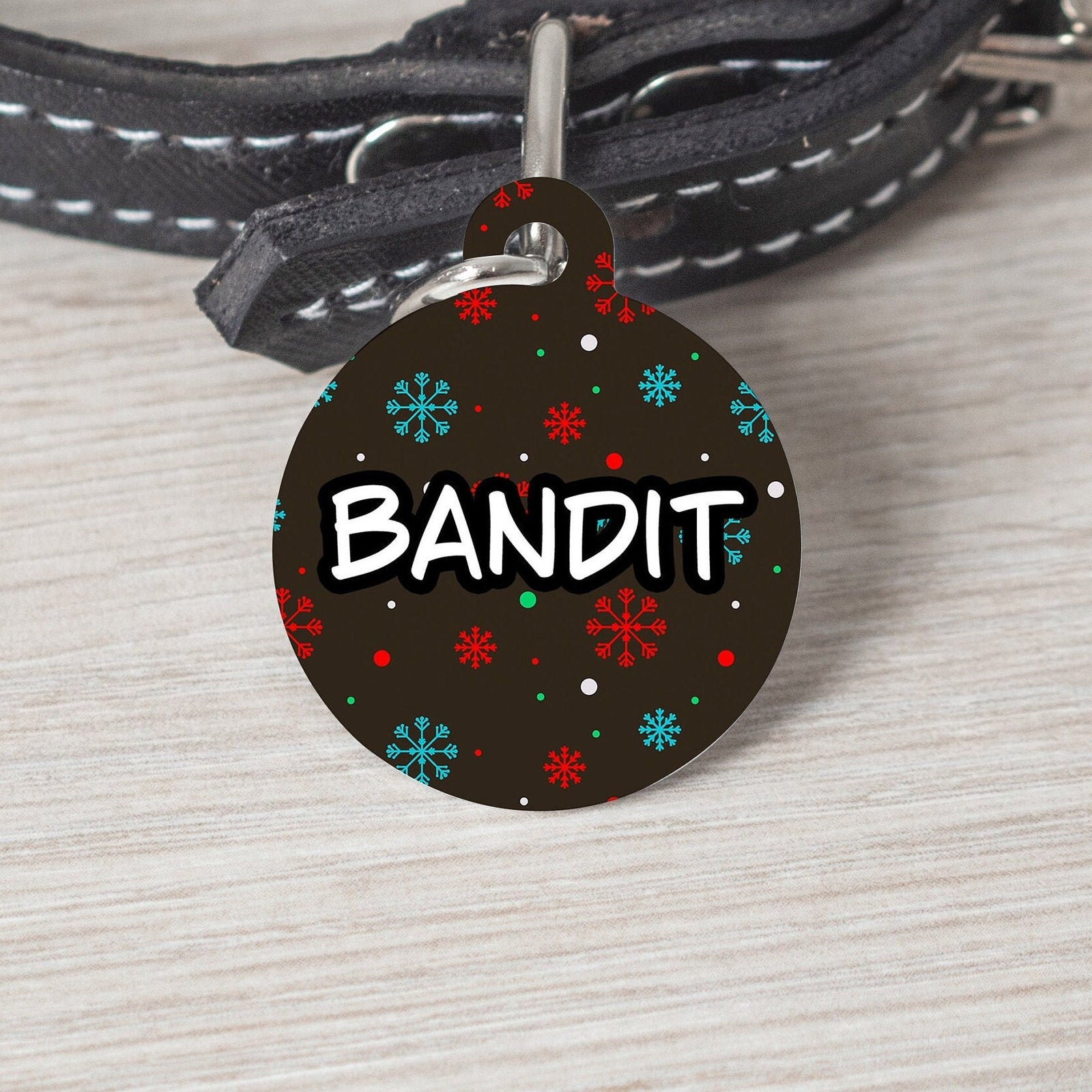 Brown Colorful Snowflake Winter Large Round Personalized Tag - Black Dog Engraving