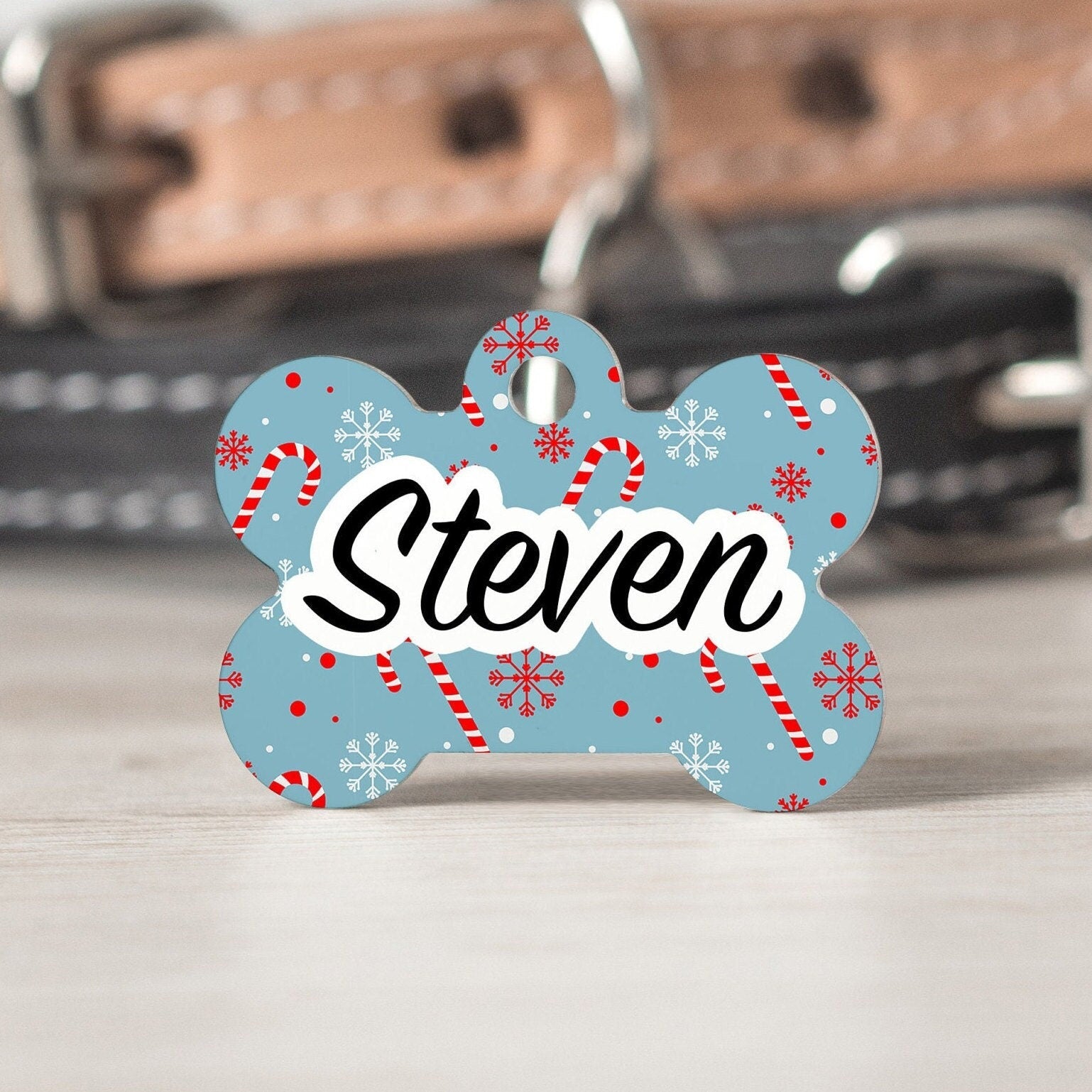 Candy Cane Medium Dog Bone Personalized Tag - Black Dog Engraving