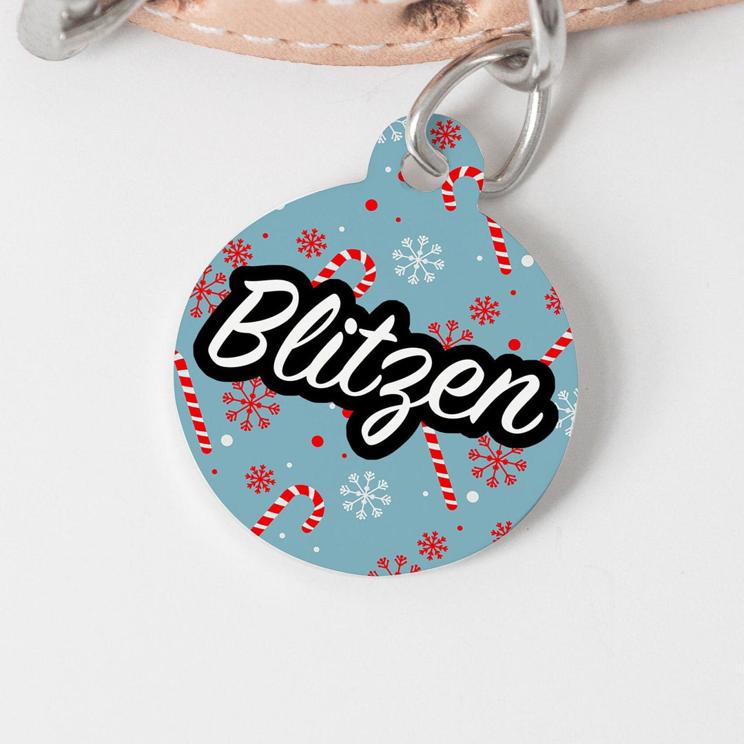 Candy Cane Snowflake Winter Large Round Personalized Tag - Custom Ink Infused Tag - Black Dog Engraving