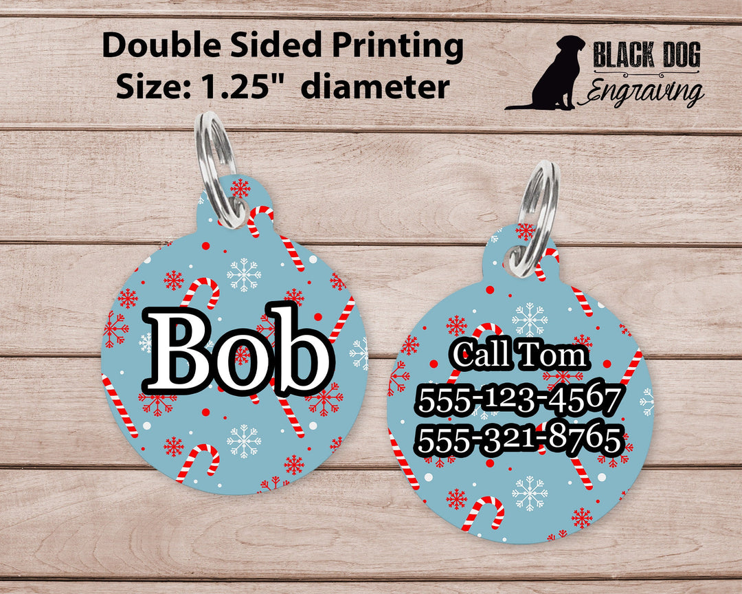 Candy Cane Snowflake Winter Large Round Personalized Tag - Custom Ink Infused Tag - Black Dog Engraving