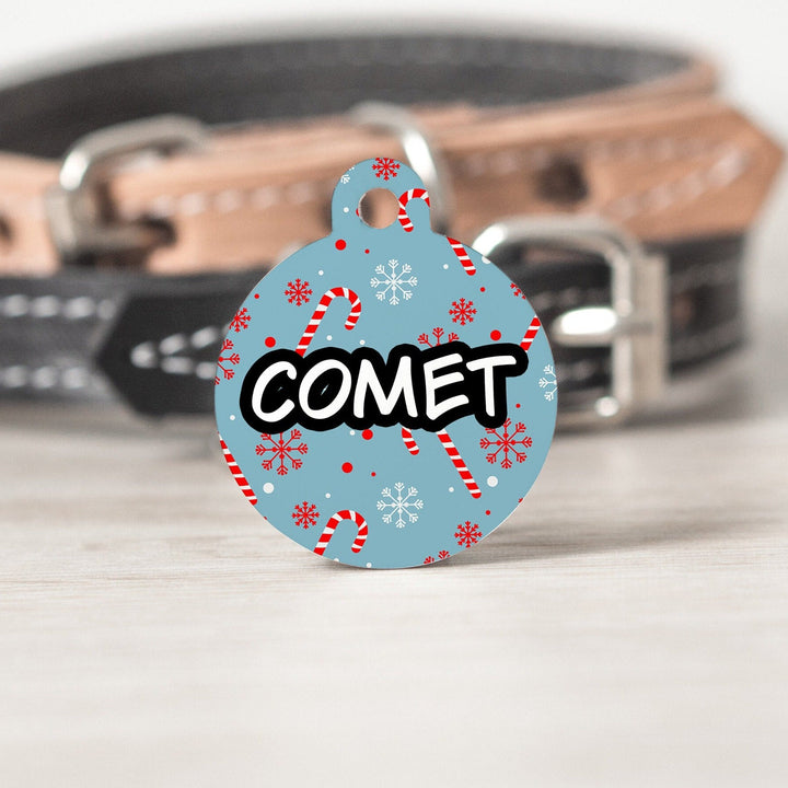 Candy Cane Snowflake Winter Large Round Personalized Tag - Custom Ink Infused Tag - Black Dog Engraving