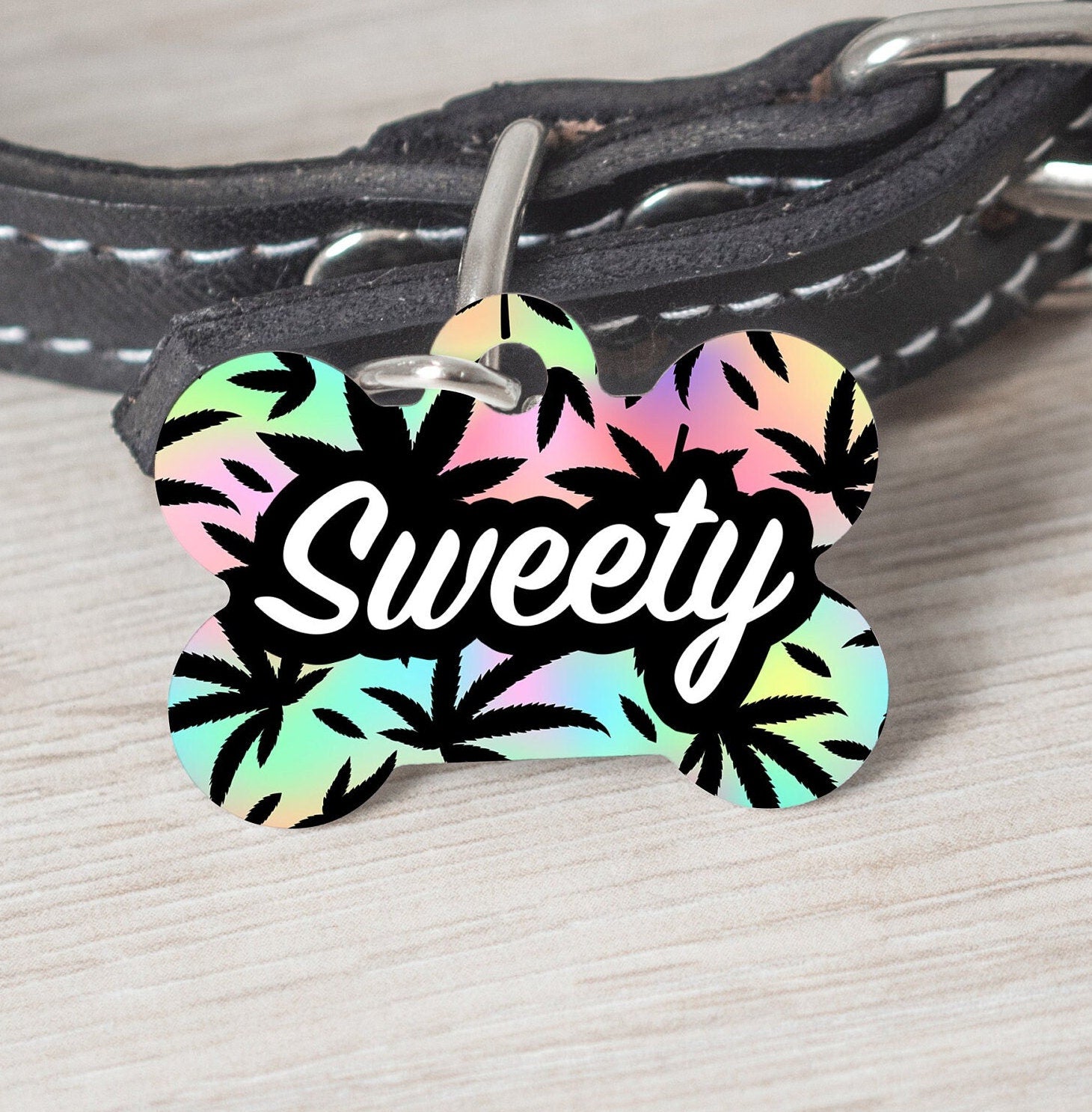 Cannabis Leaf Blue Purple Medium Dog Bone Personalized Tag - Black Dog Engraving